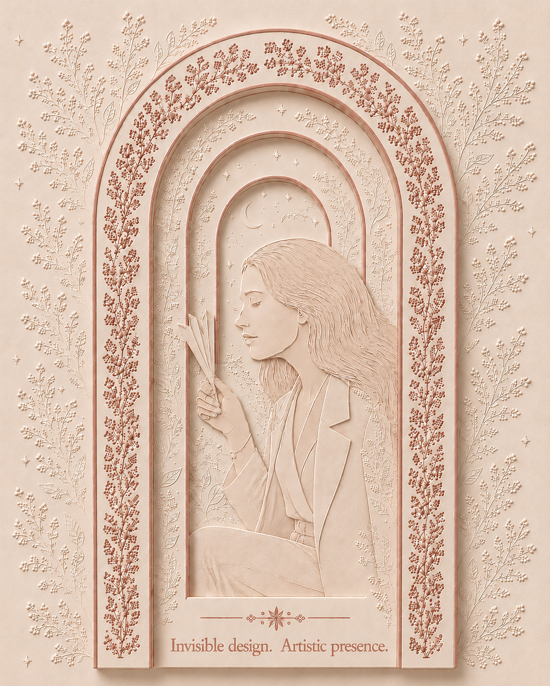 The founder in profile, holding scent strips within an arched botanical frame