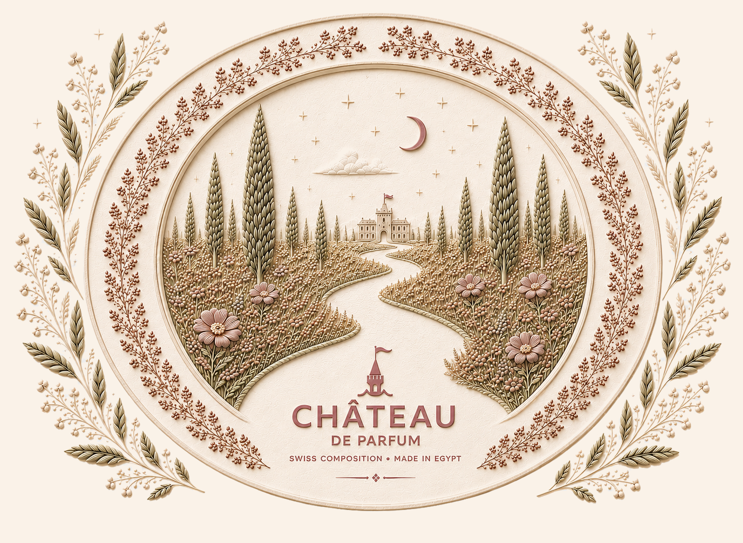 Château de Parfum — an oval toile illustration of a château, cypress trees, a winding path, moon and stars, framed by blooming botanical branches