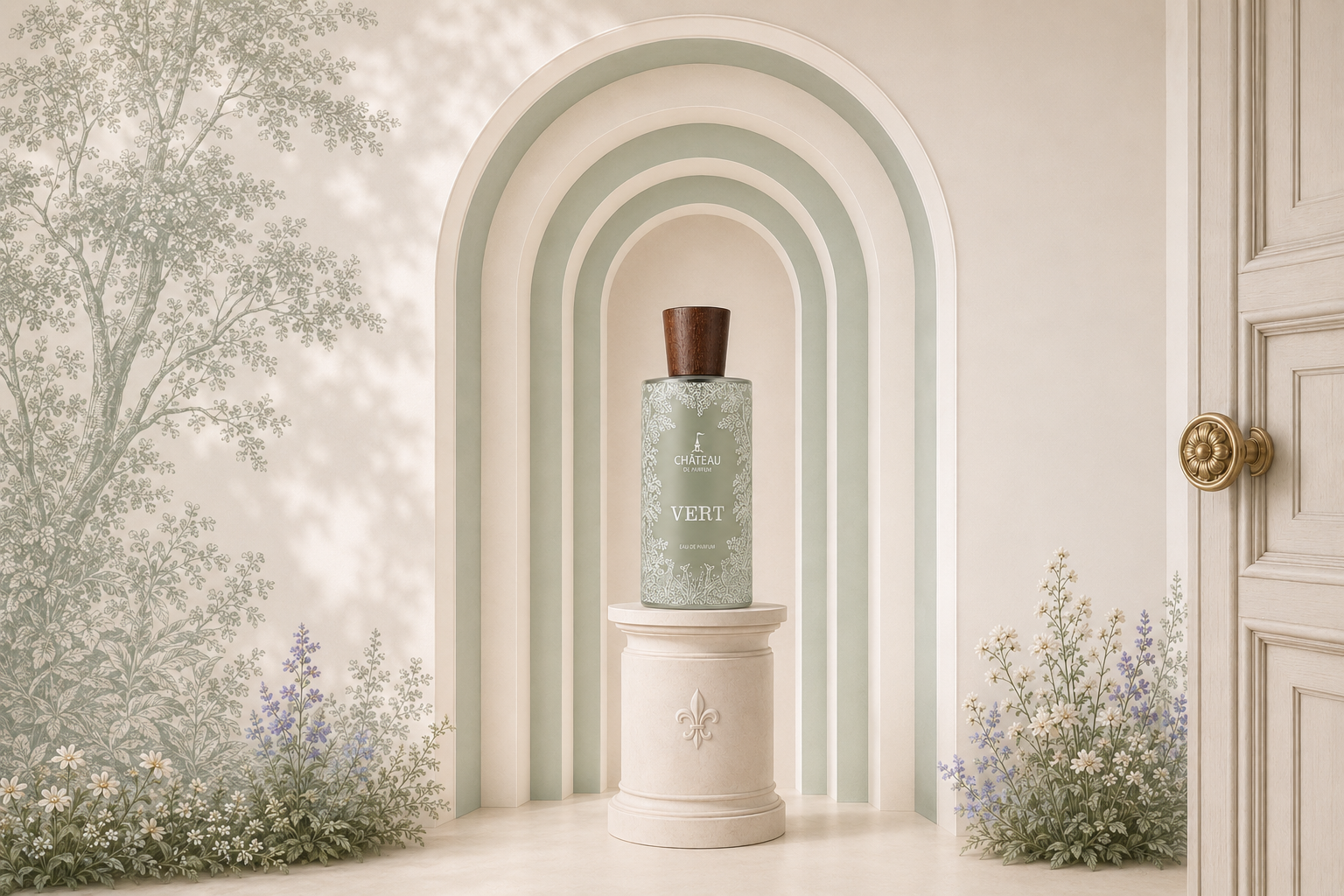 Château de Parfum Vert — bottle on a stone plinth within a sage-green arched niche, surrounded by blooming botanical wallpaper